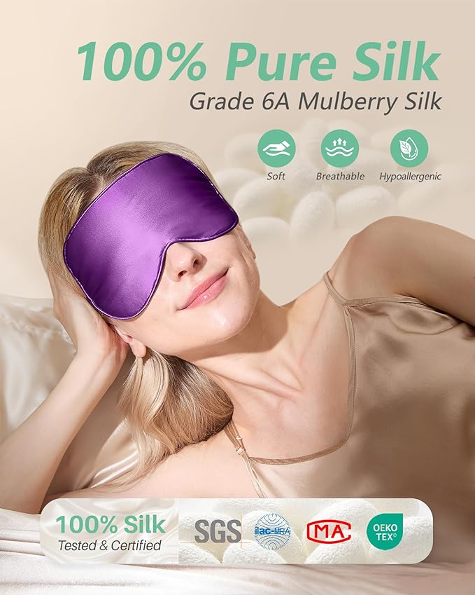 BeeVines 100% Real Mulberry Silk 2 Pack Sleep Mask, Pure Silk Eye Masks with Adjustable Strap for Sleeping, Block Light Eye Shade Cover, Reduces Puffy Eyes Traveling Gifts(Black & Rich Purple)