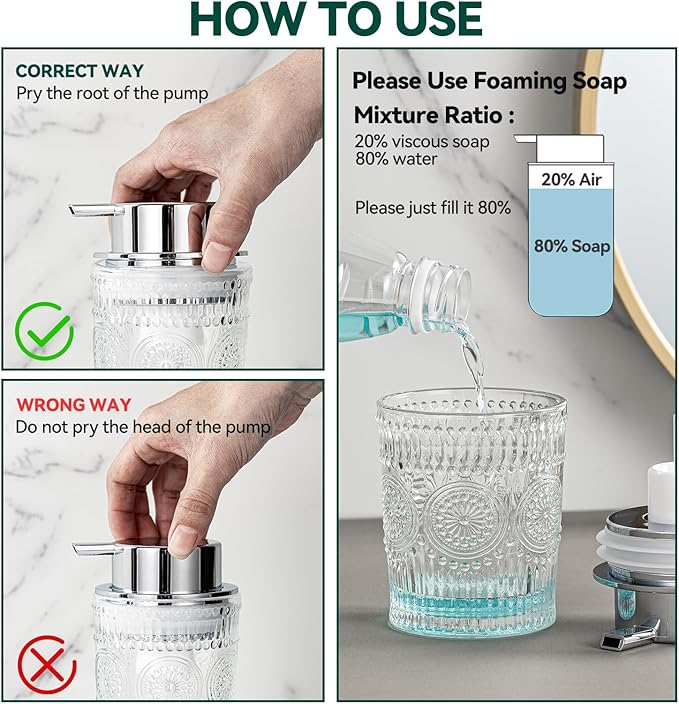 Glass Foaming Soap Dispenser Set - 2 Pack Foam Hand Soap Dispenser for Bathroom, Clear Hand Wash Dispenser Bottle with Silver Pump for Kitchen, 10 Oz Refillable Dish Liquid Foam Dispenser 2 Pcs