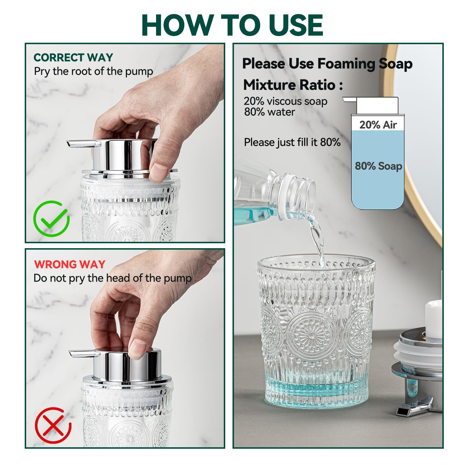 AZMOYAC Glass Foaming Soap Dispenser - Foam Hand Soap Dispenser Bathroom, 10 OZ Clear Refillable Liquid Dispenser for Kitchen Dish Dispenser Silvery Foam Pump