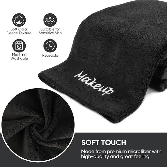 Makeup Remover Cloth, 12 Pack Black Facial Wash Cloths, Soft Coral Fleece Microfiber Towels for Face, Hand, and Bathroom(13" x 13")
