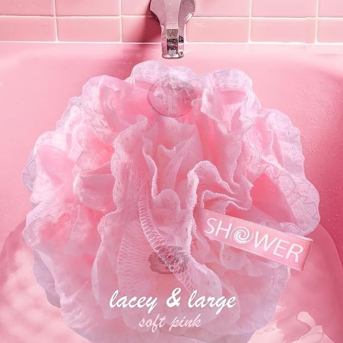 SHOWER BOUQUET Blue+Pink-Loofah-Bath-Sponge Lace-Mesh-Set 2-Scrubs-in-1 60g