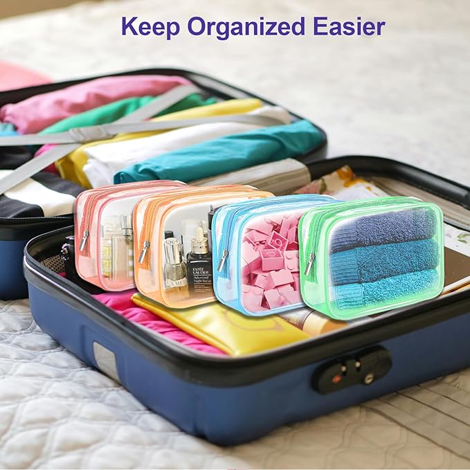 CarryEpic Clear Makeup Bag (4 Packs), Small TSA Approved Toiletry Bags for Traveling Small Size Cosmetic Storage Pouches for Women Organizer with Zipper Pink Orange Green Blue