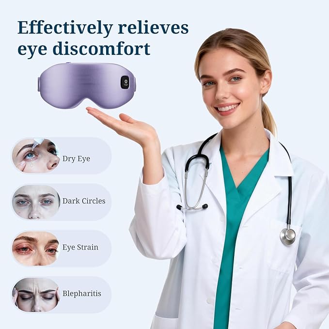 100% Silk Wireless Heated Eye Mask with Cooling, Relieves Dry Eye Syndrome and Puffy, Reduces Dark Circles, Adjustable Velcro Design and Washable Cover, Suitable for Travel & Gifts-Purple.