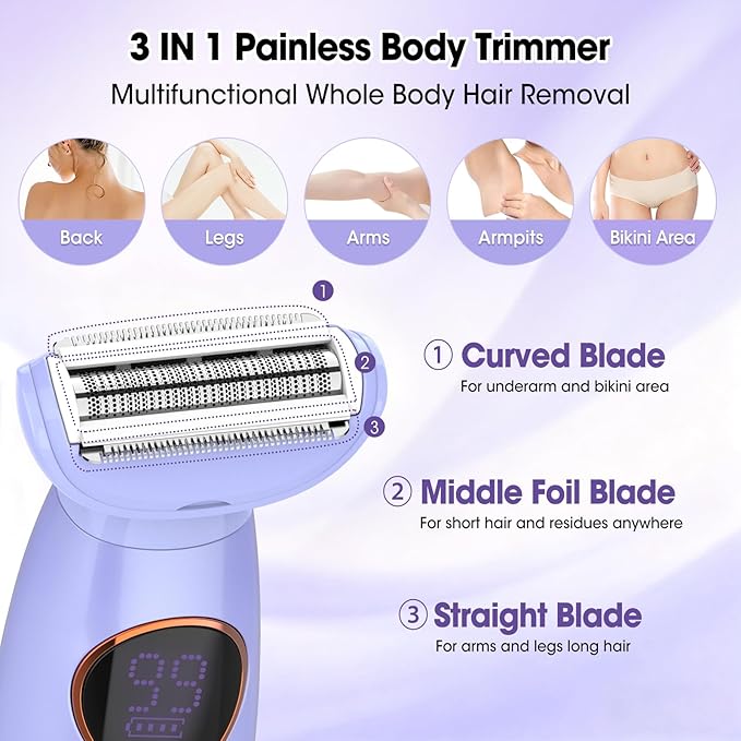 5 in 1 Bikini Trimmer for Women,IPX7 Waterproof Cordless Replaceable Pubic,Eyebrow,Facial Electric Razors&Nose Hair Trimmer&Painless Body Shaver for Arms Legs Underarms,USB Charge,LED Display,Wet&Dry