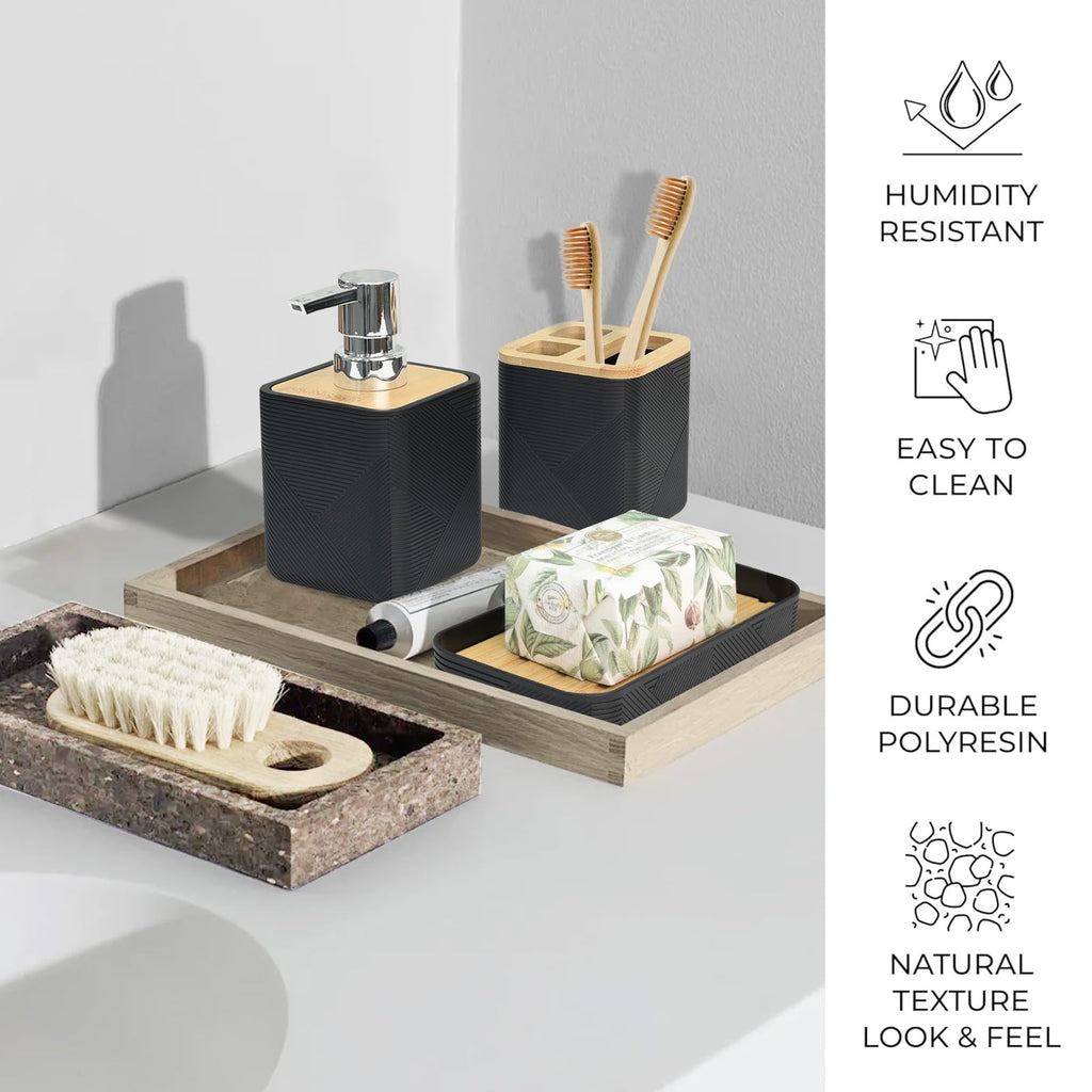CERBIOR Bathroom Accessories Set 6 Piece Bamboo Bath Ensemble Includes Soap Dispenser, Toothbrush Holder, Toothbrush Cup, Soap Dish for Decorative Countertop and Housewarming Gift (Black)