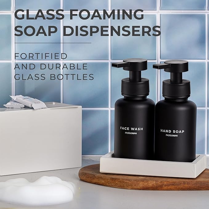MaisoNovo Glass Foaming Soap Dispenser 14 Oz | Glass Bottles Pumps x 2 Black with Tray