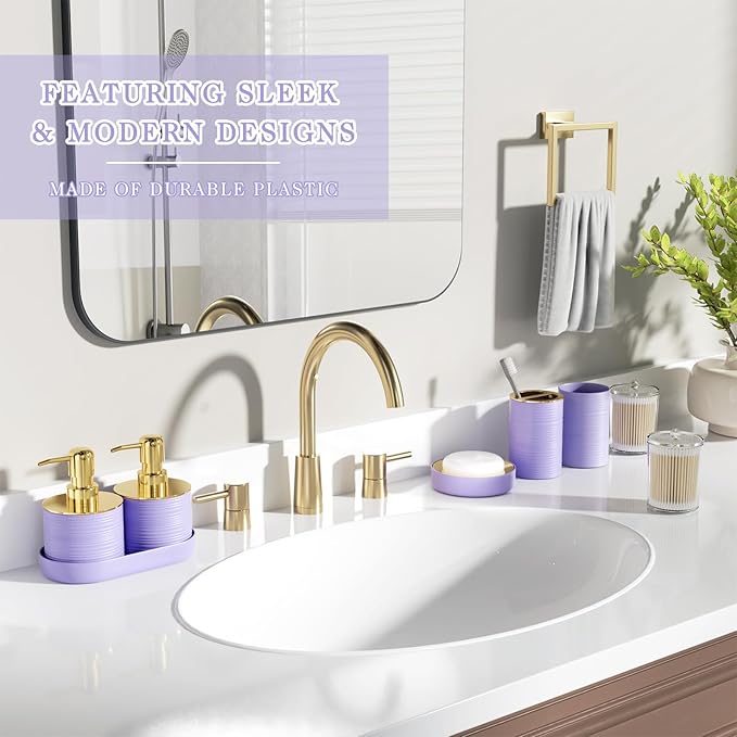 InnJoey Bathroom Set, 10PC Bathroom Accessory Set, Purple Bathroom Accessories, Purple and Gold Bathroom Set with Trash Can, Soap Dispensers