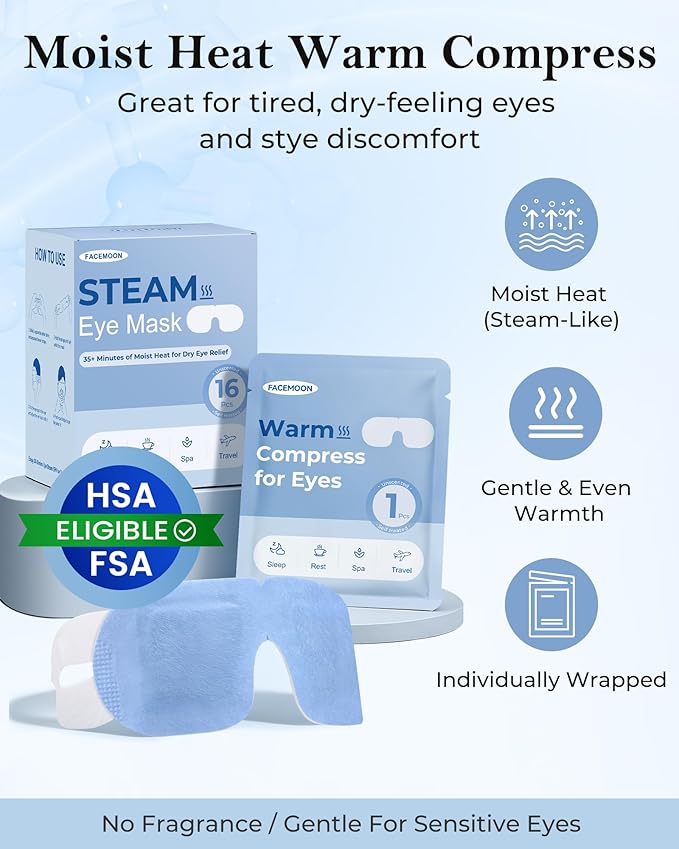FACEMOON 16 Pack Steam Eye Mask for Dry Eyes: Self-Heating Warm Compress for Stye Relief & Digital Eye Strain, FSA&HSA Eligible, Travel & Spa Essential, Disposable, Self-Care Gift, Unscented