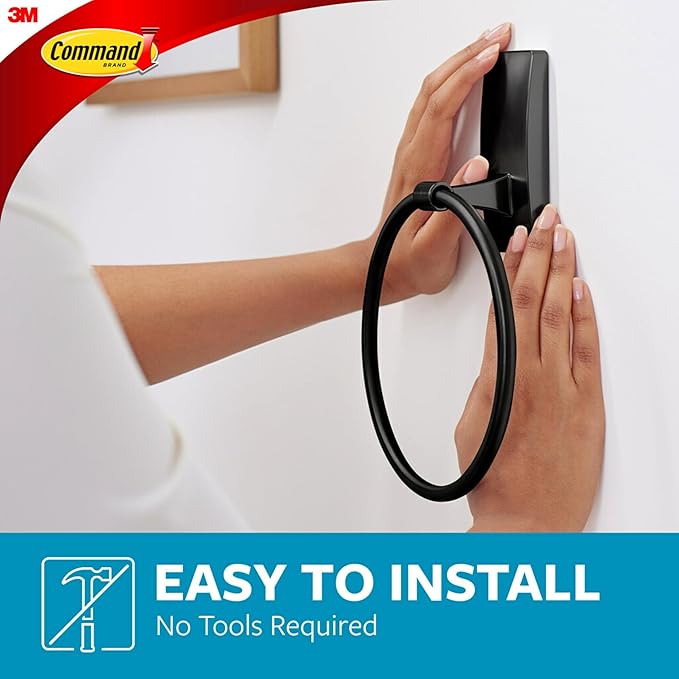 Command Hand Towel Holder Matte Black with Water Resistant Command Strips,Rust Resistant Bathroom Organizer,Holds up to 5 lbs,(Pack of 8)