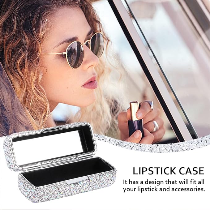 FuGuiHui Rhinestone Lipstick Case with Mirror Bling Crystal Lipstick Case 3.44x1.12x1.2in Diamonds Makeup Cosmetic Storage Box Holder for Purse(COLOR:White)