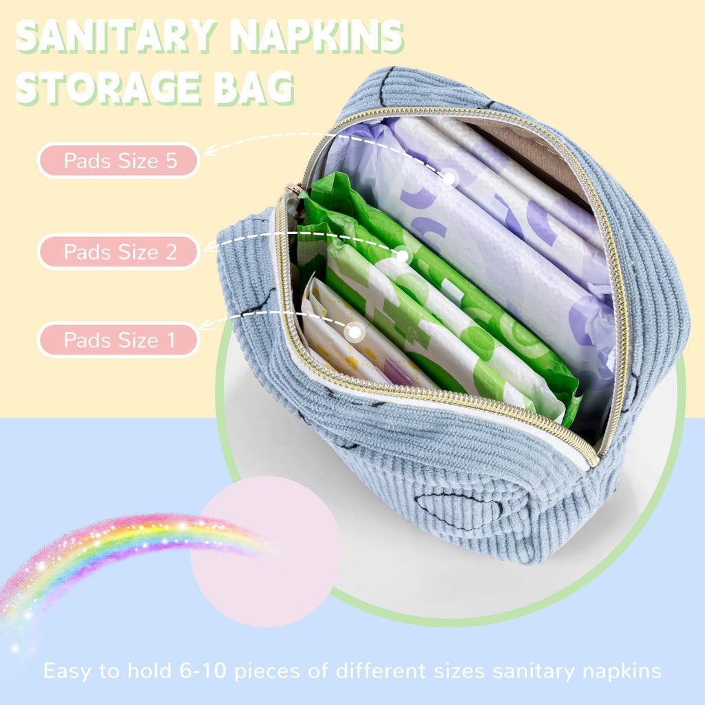SIDESUGAR Period Bag for Teen Girls Shark Week Pouch Corduroy Portable Sanitary Pad Bags for Period Teen Period Pads Pouch for Panty Liners, Tampons, Menstrual Cup - Beige