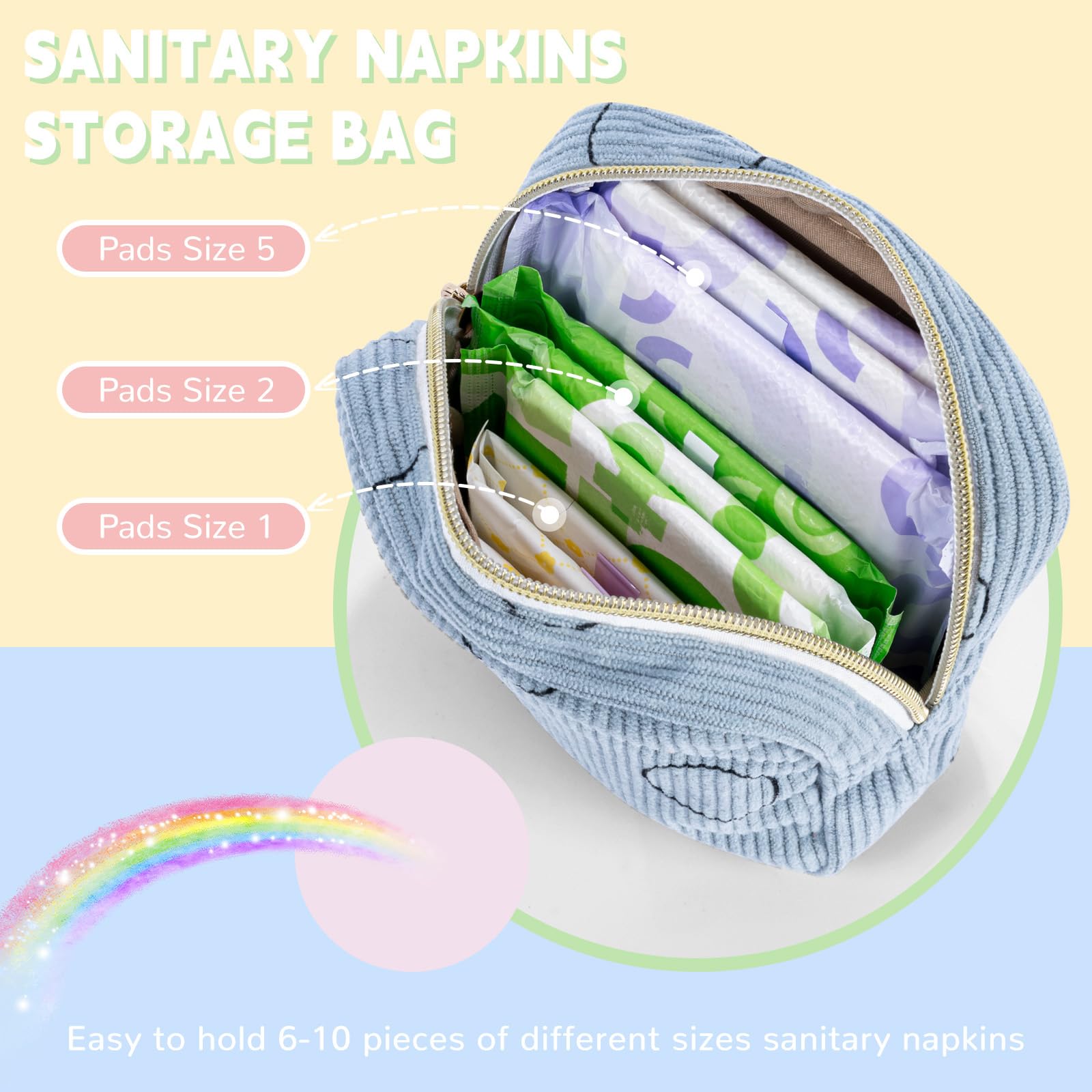SIDESUGAR Period Bag for Teen Girls Shark Week Pouch Corduroy Portable Sanitary Pad Bags for Period Teen Period Pads Pouch for Panty Liners, Tampons, Menstrual Cup - Beige