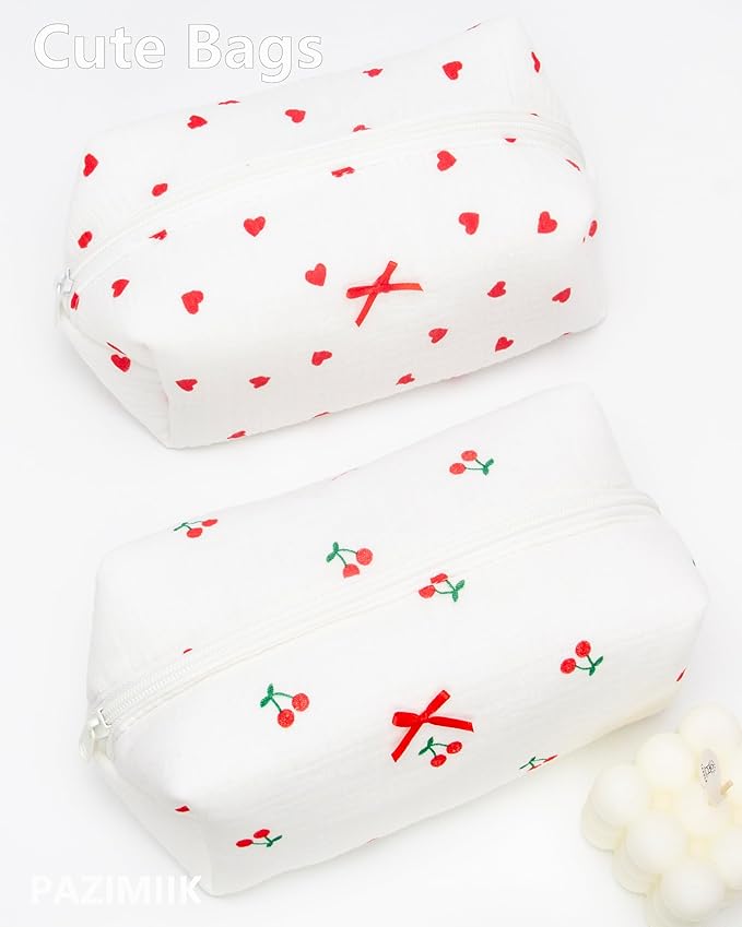 PAZIMIIK Cozy Makeup Bag for Women,Zipper Cosmetic Pouch,Gauze Cherry