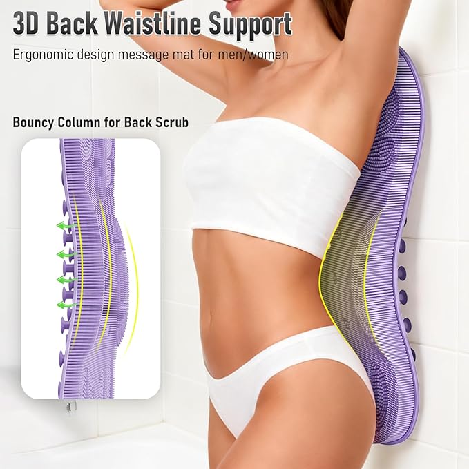 Vynusio Back Scrubber Body Bath Cushion for Tub Bathtub with Back Lumbar Ergonomic Support, Silicone Extra Large Thick Soft Seat Pad Non-Slip Suction Cups, Relaxing Spa Exfloating Scrubber Mat Purple