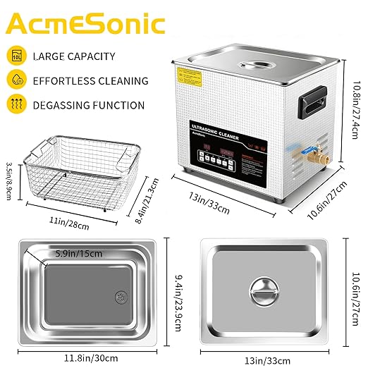 ACMESONIC Ultrasonic Cleaner 10L Dual-Frequency Professional Digital Stainless Steel Cleaning Machine with Heater Timer for Denture, Coins, Small Metal Parts, Circuit Board, Lab Tools, etc