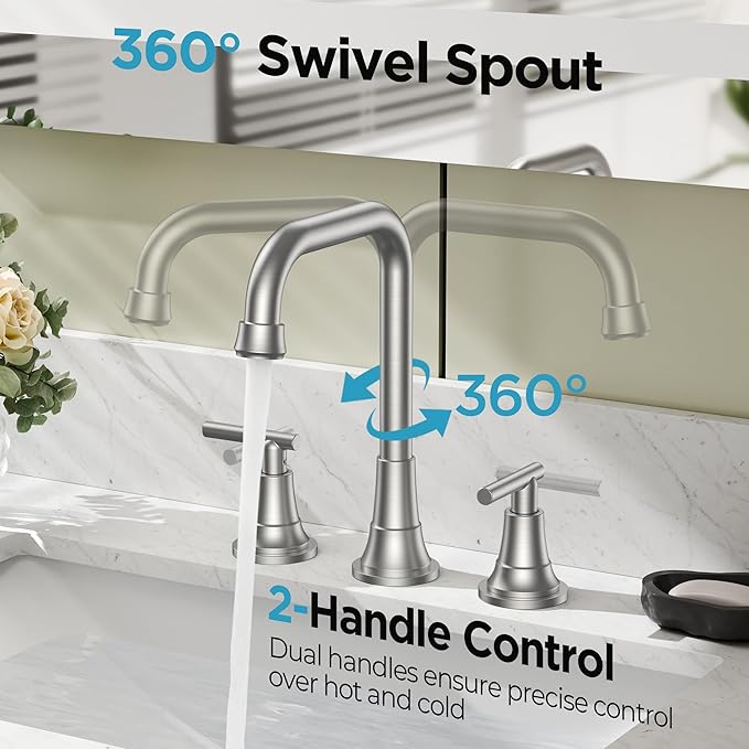 FORIOUS Brushed Nickel Bathroom Faucet 3 Hole with Dual Handles, 8 Inch Widespread Faucet for Bathroom Sink with Pop Up Drain Assembly and Water Suplly Hoses, RV Vantiy Farmhouse Ready