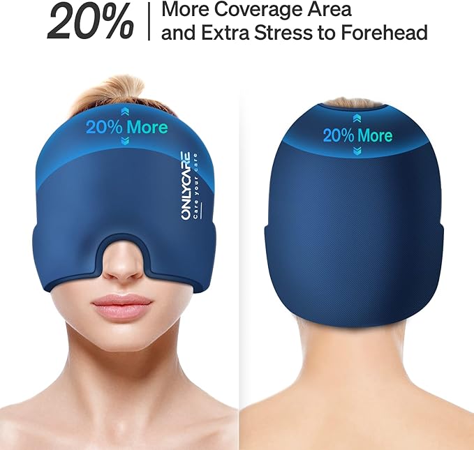 ONLYCARE Migraine Relief Cap, Upgraded Odorless Headache Relief Cap Mask Products, 360° Gel Surround Cooling Ice Pack Mask Head Wrap for Tension, Migraine, Sinus, Stress, Headaches, Hangover, Blue