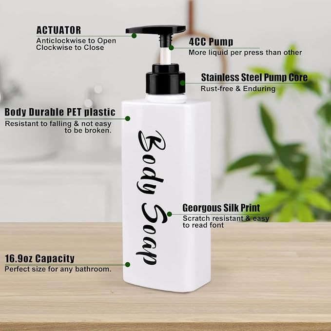 AUMIO 16.9oz Shampoo Conditioner Body Wash Dispenser for Shower, Refillable Printed Soap Bottles with Pump, Empty Plastic Bathroom Dispenser Set for Shampoo, Conditioner & Soap (White, 3 Pack)