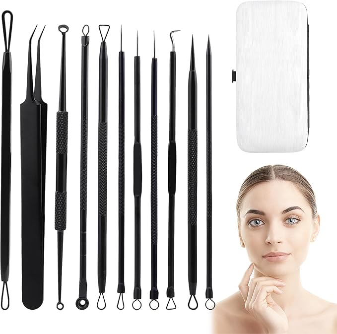 Pilarmuture 11pcs Tool Kit,Skin Care Acne Needle Blackhead Remover Kit Stainless Steel, for Face Acne,Deep Facial Cleansing and Salon-Level Acne Treatment