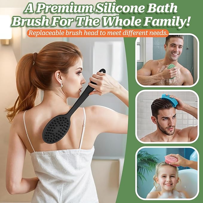 Silicone Back Scrubber, Soft Silicone Loofah with Handle, Gentle Exfoliating Back Scrubber, Back Brush Bath Brush with Two Dual-Side & Detachable Brush Heads(Black-Two Heads)