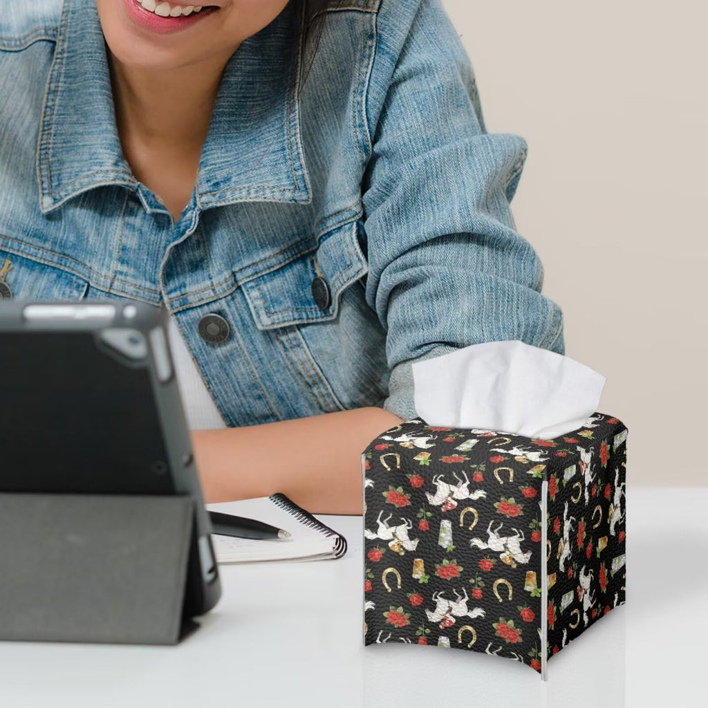 Pzuqiu Rose Racing Horse Decorative Tissue Box Cover, Waterproof PU Leather Square Holder with Metal Button, Protective Napkin Case for Bathroom Countertop, Office Desk, and Car Interior