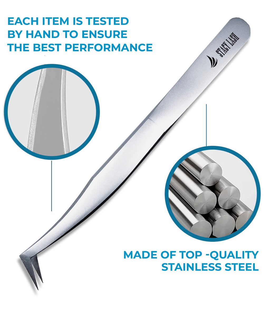 Stacy Lash STL-5 Eyelash Extension Tweezers/Supplies for Volume Extensions & Premade Fans/Precision Tool for False Lashes Application/Beauty Accessories/Curved Tweezer Tip/Eyelashes Tools