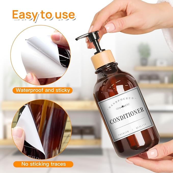 HVSWLY 12PCS Bathroom Labels for Bottles,Minimalist Bathroom Organization Labels,Waterproof Bottle Labels for Shampoo Conditioner Body Wash(White)
