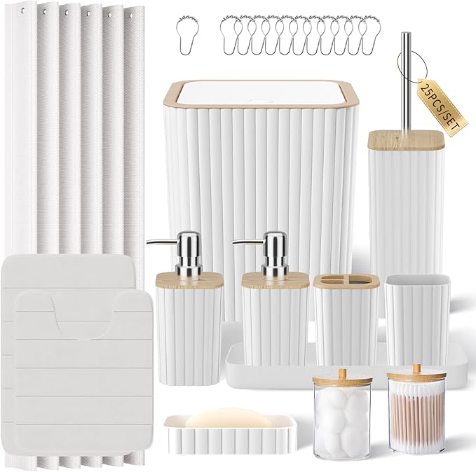 XLHOMO Bathroom Accessory Set - 25PC Green Bathroom Sets, Bathroom Set with Shower Curtain and Rugs, Dark Green Shower Curtain Set, Trash Can, Qtip Holder & Soap Dispenser