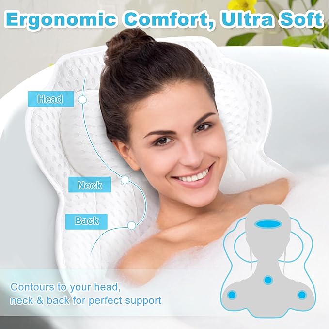 Bath Pillows for Tub, Bathtub Pillow for Neck and Back Support, 6 Non-Slip Suction Cups, Ultra Soft 4D Air Mesh, Washable Bath Accessories Gift for Women and Men, White