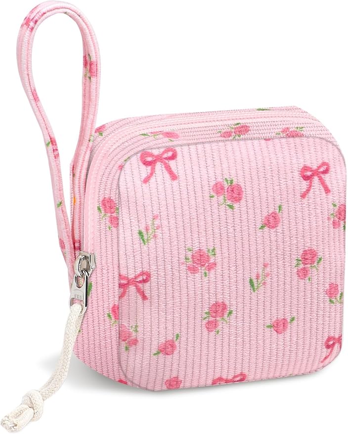 Chicarries Small Makeup Bag | Discreet Period Bag Pad Pouch for Purse| Sanitary Napkin Storage & Tampon Holder for Travel(Flower bow pink)
