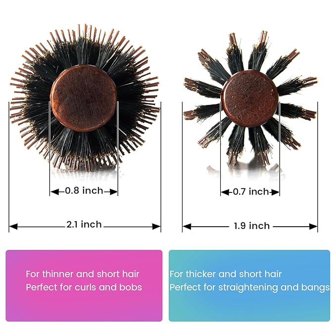 Boar Bristle Round Hair Brush Set with Nylon Pin for Style Curl 2Pack