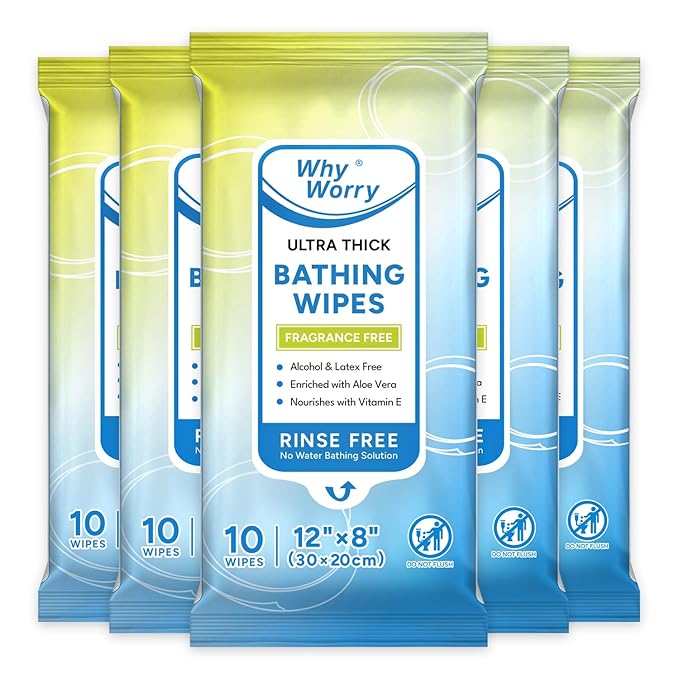 WhyWorry Bathing Wipes for Adults Rinse Free, 8" x 12" Unscented, 50 Count
