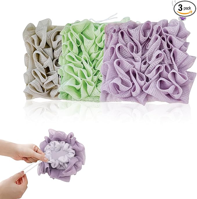 3-Pack Loofah Washcloth Combo 2-in-1, Soap Saver Pouch with Bar Soap Pocket, Exfoliating & Reusable Shower Sponge for Body Wash (Green, Purple, Khaki)