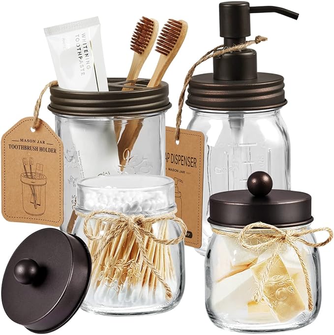 Amolliar Mason Jar Bathroom Accessories Set, 4Pcs Glass Bathroom Set