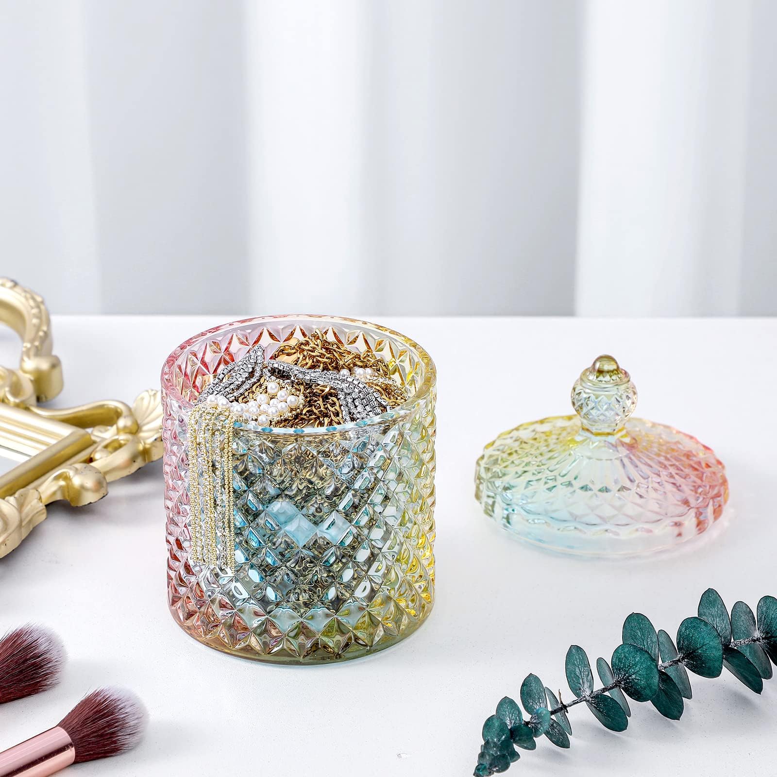 rejomiik 2 Pack Qtip Holder Apothecary Jars with Lid, Thick Glass, Rainbow