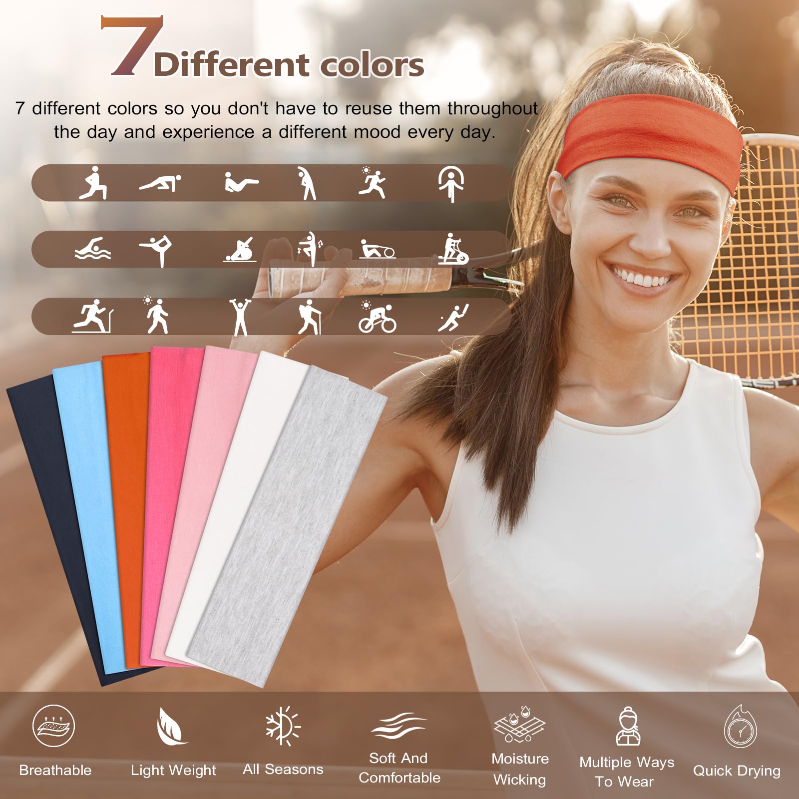 DiyJibb Headbands for Women, Stretchy Non Slip Soft Cotton Cloth Hair Bands for Sports, Workout, Yoga and Running, 7pcs
