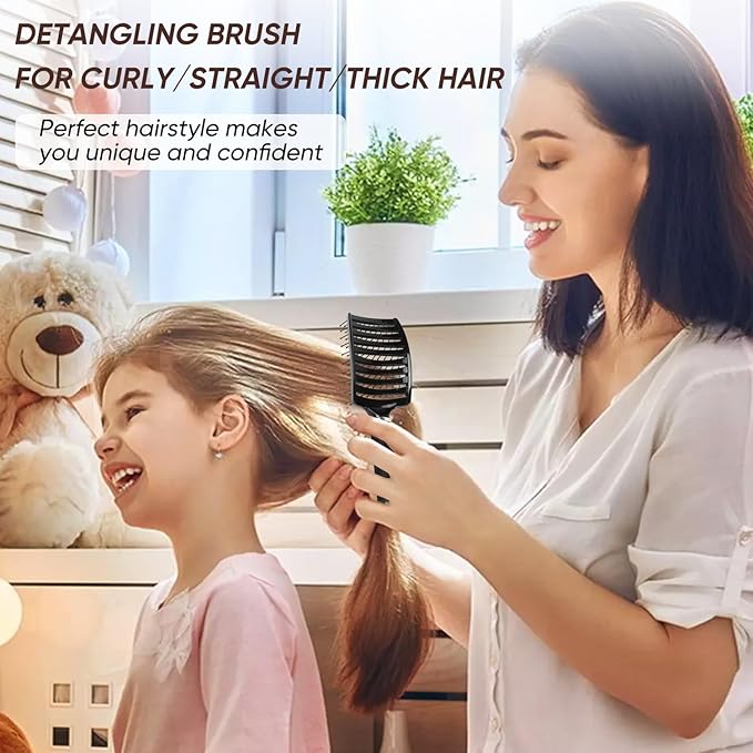 Kertiberif 2 Pack Curved Vented Detangling Brush for Wet and Dry Hair, Paddle Styling Hair Brush for Faster Blow Drying, Detangler Brush for Women Men Curly Thick Hair