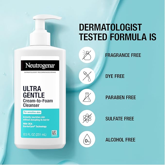 Neutrogena Ultra Gentle Cream-to-Foam Daily Facial Cleanser, Transforms from a Creamy Cleanser to a Foaming Face Wash, Gently Cleanses Sensitive Skin, Fragrance-Free, Hypoallergenic, 8.5 oz