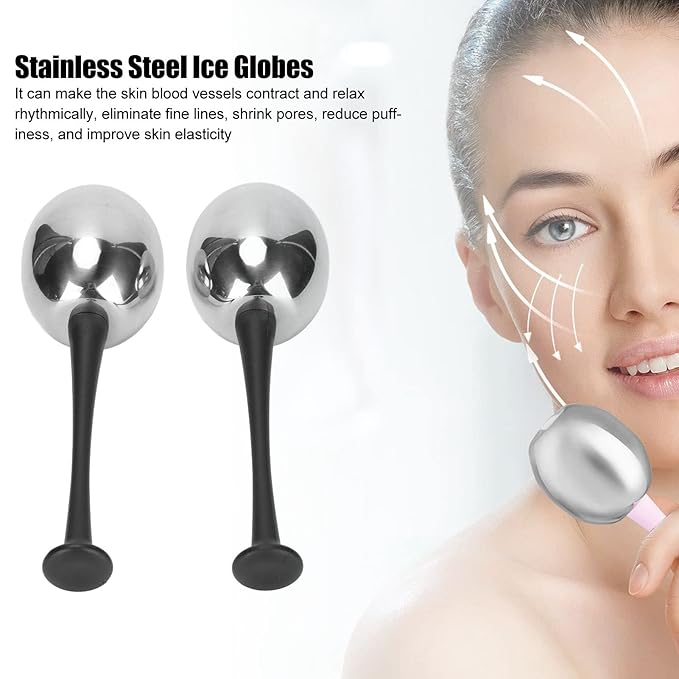 Glomora 2pcs Facial Ice Globes Stainless Steel Facial,Massage Reduce Puffiness Eliminate Fine Lines Ice Globes Cryo Sticks for Skin Care,Targets Dark Circles,Puffiness,Wrinkles (Black Handle)