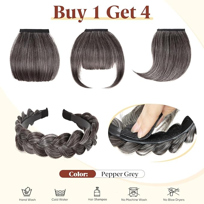 SARLA Braided Headband with 3 Detachable Clip in Bangs Fringe Hairpieces Fake Synthetic Hair Band Bangs for Women Pepper Grey