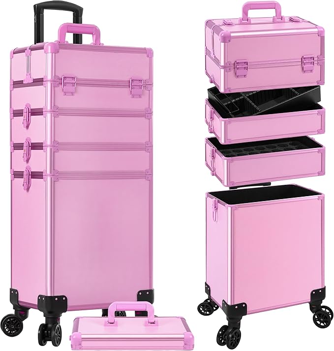 JINGUAN Professional Rolling Makeup Train Case with Lid, 5 in 1 Cosmetology Case on Wheels, Large Cosmetic Trolley Organizer Travel for Hairstylist Artist Nail Beauty Salon Barber, Pink