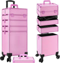 JINGUAN Professional Rolling Makeup Train Case with Lid, 5 in 1 Cosmetology Case on Wheels, Large Cosmetic Trolley Organizer Travel for Hairstylist Artist Nail Beauty Salon Barber, Pink