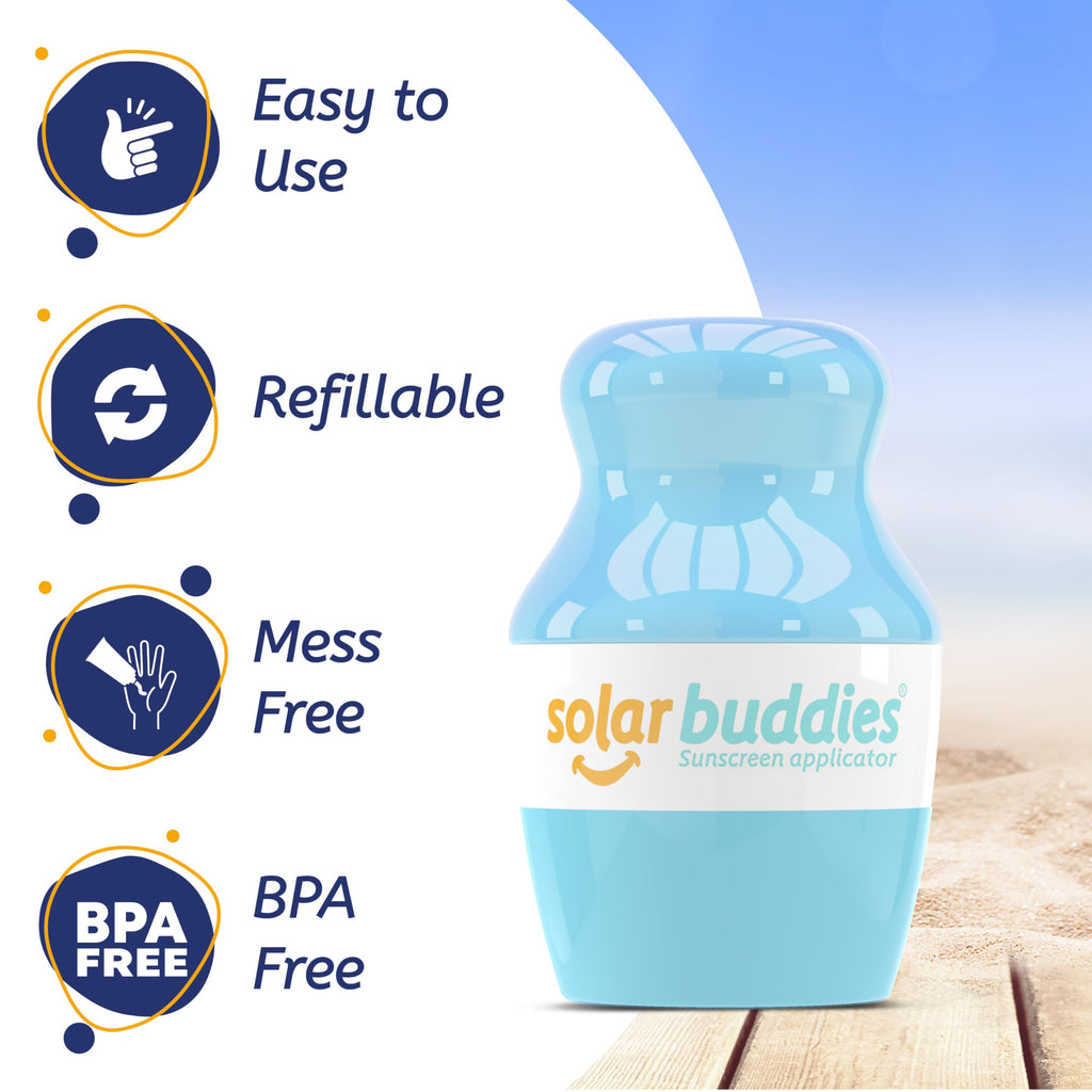 Solar Buddies Sunscreen Applicator – Full Blue– Refillable Roll-on Sponge for Sunscreens & Lotions – For Kids, Adults & Families – Holds 3.4Fl Oz – Perfect for Travel
