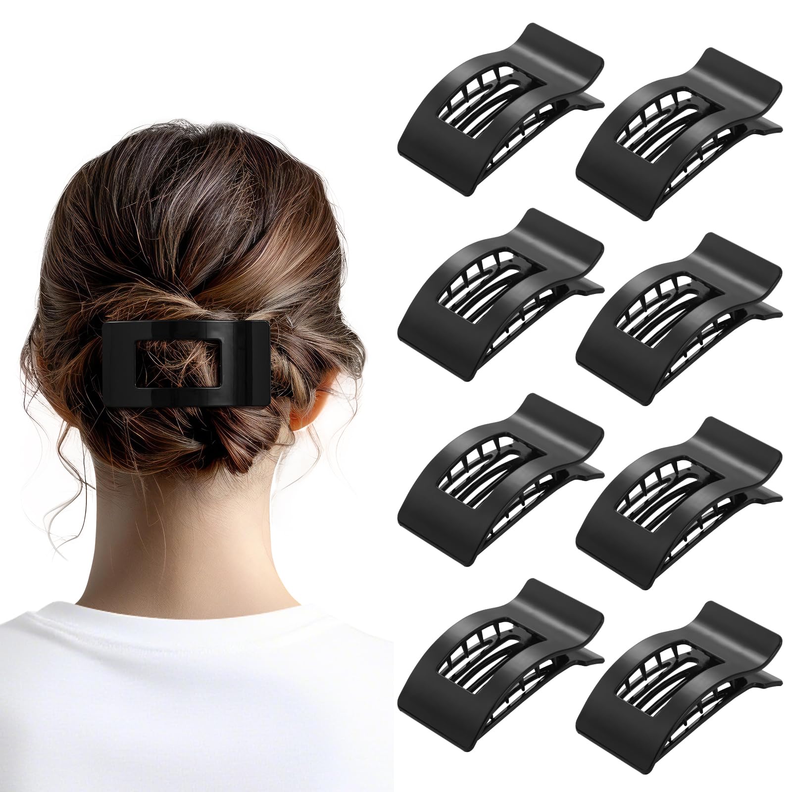 8 Pack French Flat Hair Clips for Women – Large Matte No-Slip Claw Barrettes for Thick & Thin Hair, Strong Hold Styling Accessories (Glossy Black)