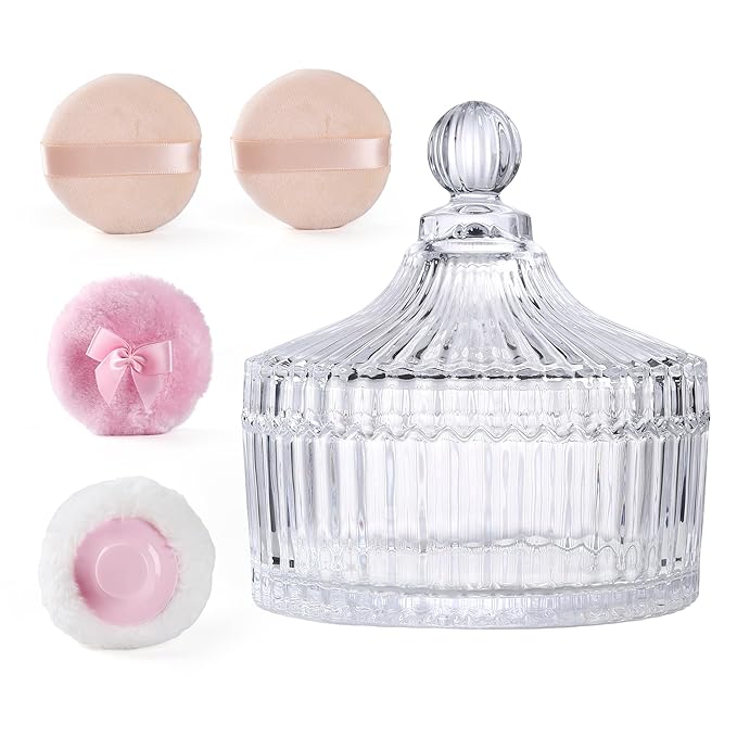 XHDMY Extra Large Body Powder Puff and Container Set Crystal Powder Container with 3 Soft Velour Power Puffs for Women Baby Face Body Washable Reusable Wet Dry Makeup Valentine's Mother's Day Gifts