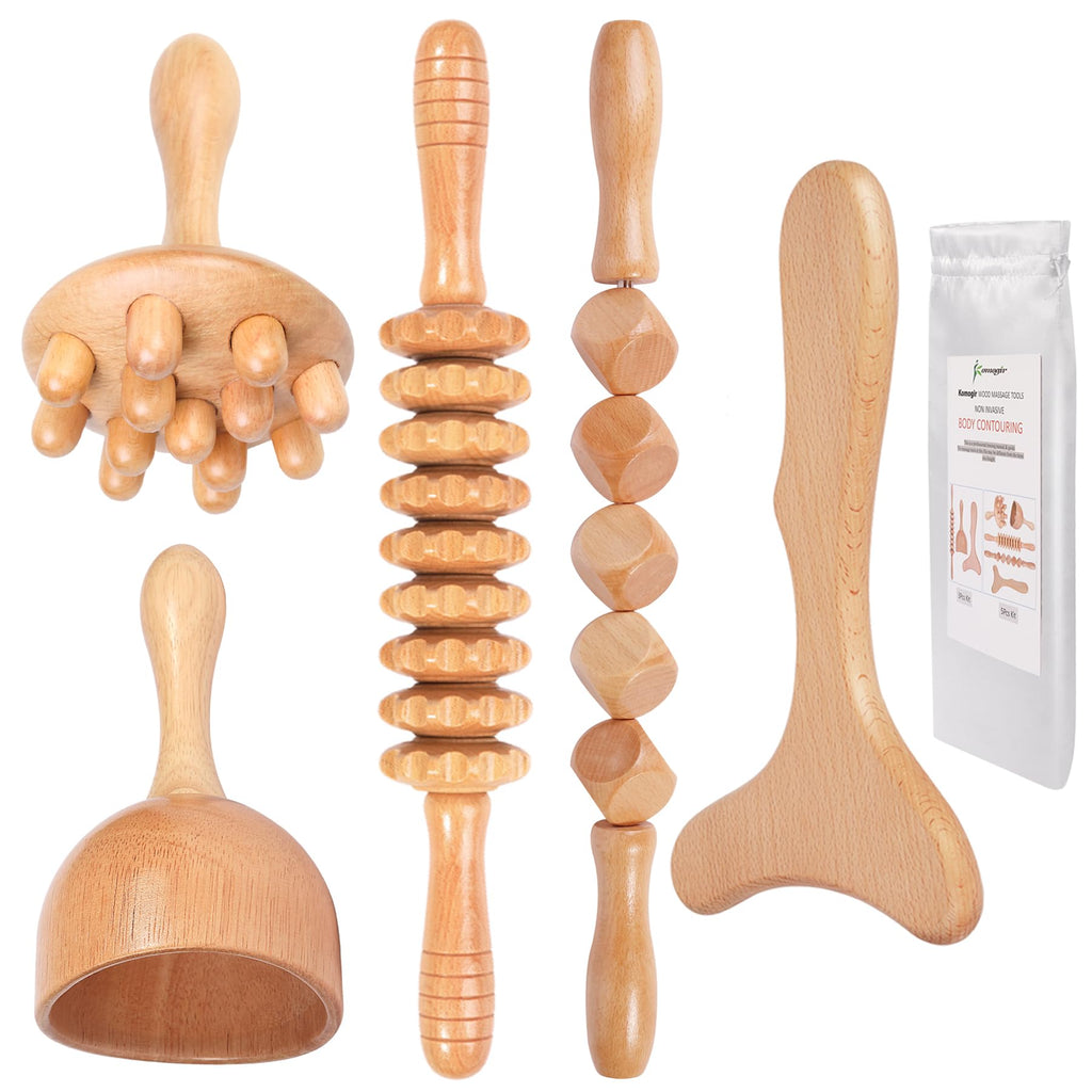 Komogir Wood Therapy Massage Tools 5-in-1 Lymphatic Drainage Massager Maderoterapia Kit Wooden Massager Body Sculpting Tools for Muscle Pain Relief, Anti-Cellulite, Body Contouring and Shaping