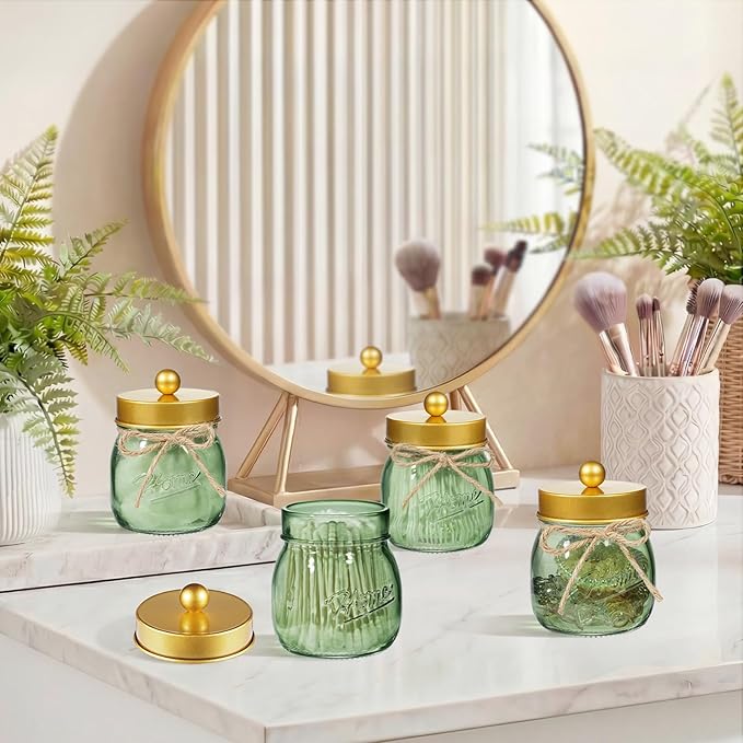 SheeChung Green Glass Qtip Holder Dispenser, Mason Jar Apothecary Jars with Lids, Bathroom Organizers and Storage, Vanity Countertop Canisters Set for Cotton Swab, Ball, Pad, Floss Pick-Gold, 1 Pc