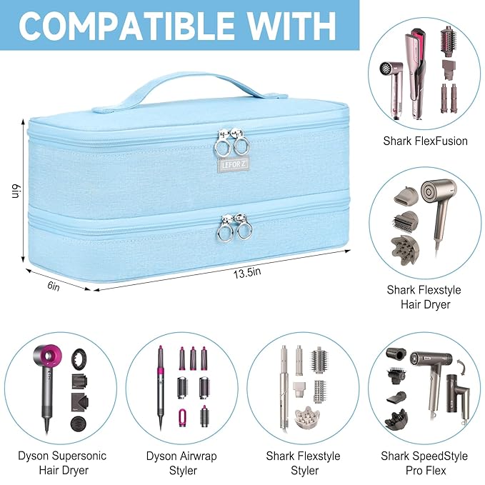 Travel Carrying Case Compatible with Shark Flexstyle/FlexFusion/Hair Dryer,Double-Layer Hair Hot Tools Storage Bag Fits for Dyson Airwrap Styler/Supersonic Hair Dryer and Attachments,Blue-Bag Only