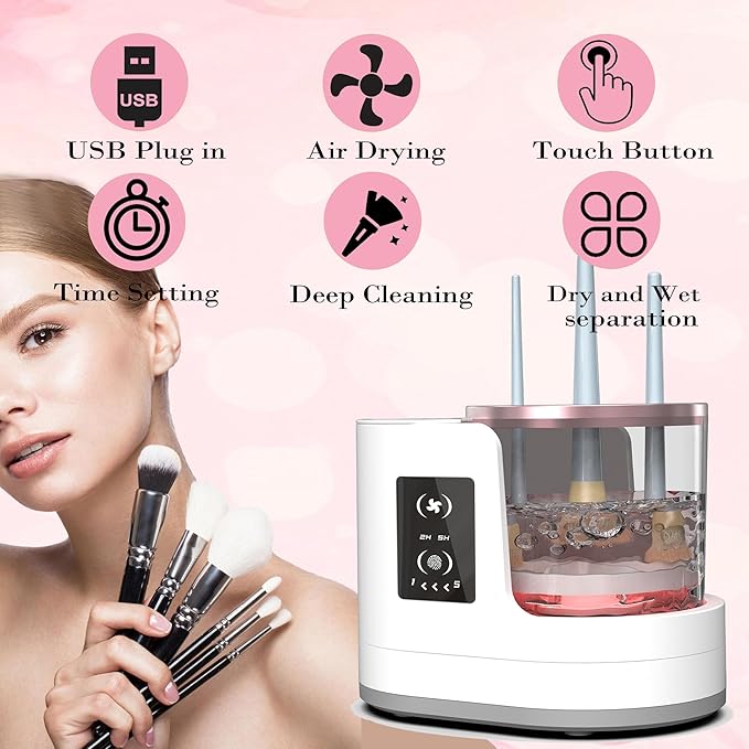 AOOFCMLLC Makeup Brush Cleaner 3 in 1 Electric Makeup Brush Cleaner and Dryer, Automatic Brush Cleaner Machine with Multi-Hour Drying Settings, Portable Design for All Makeup Brush Types