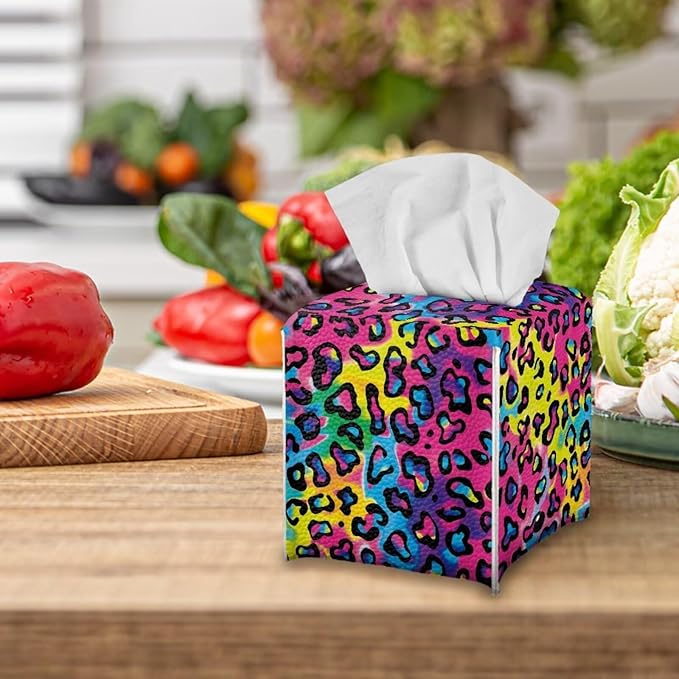 Rainbow Leopard Tissue Box Holder Waterproof PU Leather Square Tissue Box Cover Organizer with Metal Button Napkin Case for Home Office Car